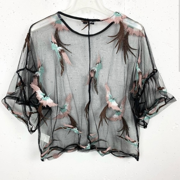 Jaune Rouge Paris Sheer Bell Sleeve Embroidered Bird Blouse Black Size XL - Picture 2 of 3